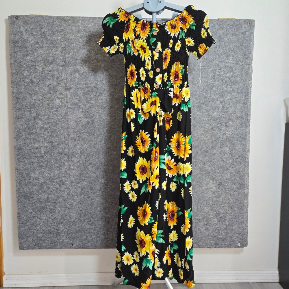 Seven Islands Women Black Sunflower Smocked Boho Maxi Dress Medium
